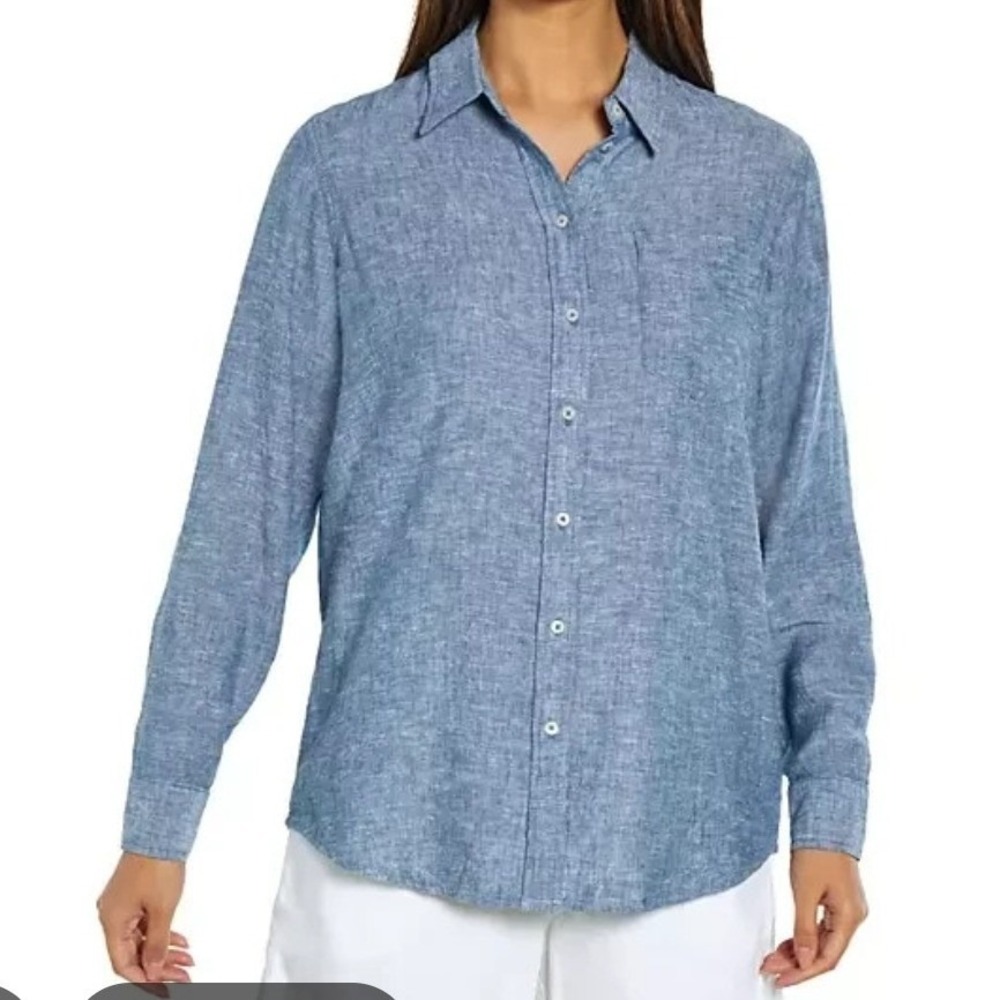 GAP Womens XL Blue Chambray Linen Rayon Button Down Long Sleeve Shirt NWT